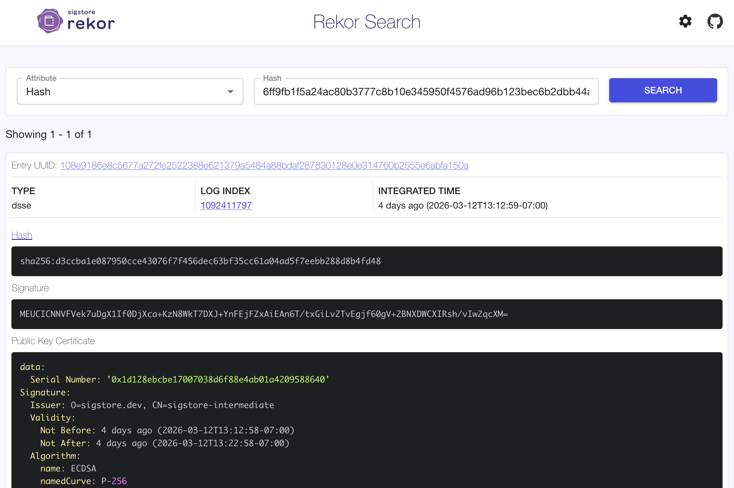 Sigstore transparency log entry
